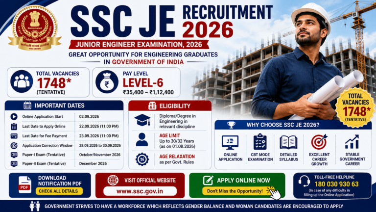 SSC JE Recruitment 2026: 1748 Vacancies, Apply Online, Eligibility, Exam Date & Notification PDF